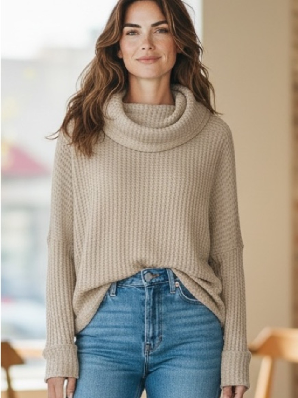 🆕Free People Juicy Long Sleeve Stone Cold Beige Waffle Knit Cowl Neck Size S